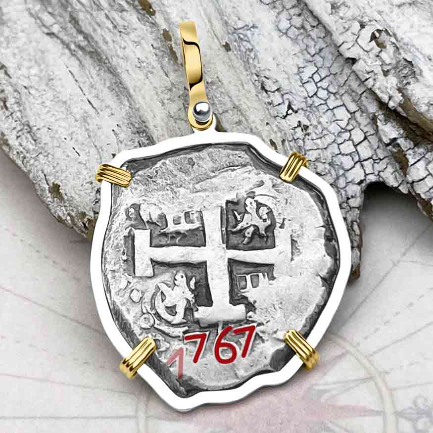 1767 Pirate Era Spanish 8 Reale &quot;Piece of Eight&quot; 14K Gold &amp; Sterling Silver Pendant