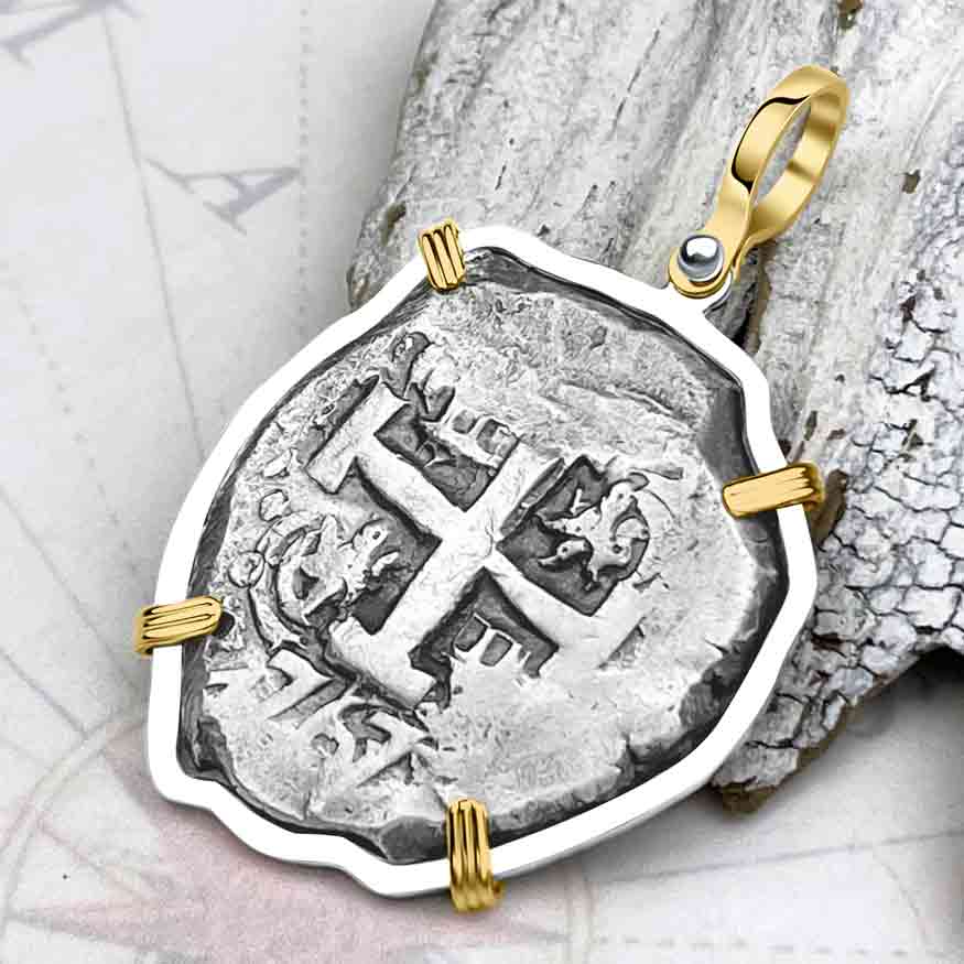 1767 Pirate Era Spanish 8 Reale &quot;Piece of Eight&quot; 14K Gold &amp; Sterling Silver Pendant