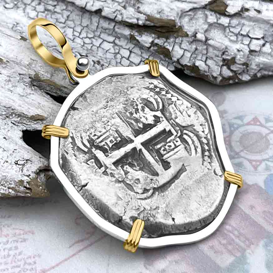 1739 Pirate Era Spanish 8 Reale &quot;Piece of Eight&quot; 14K Gold &amp; Sterling Silver Pendant