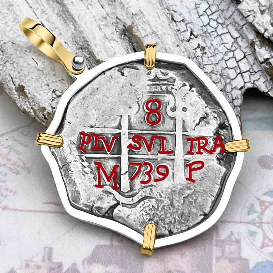 1739 Pirate Era Spanish 8 Reale &quot;Piece of Eight&quot; 14K Gold &amp; Sterling Silver Pendant