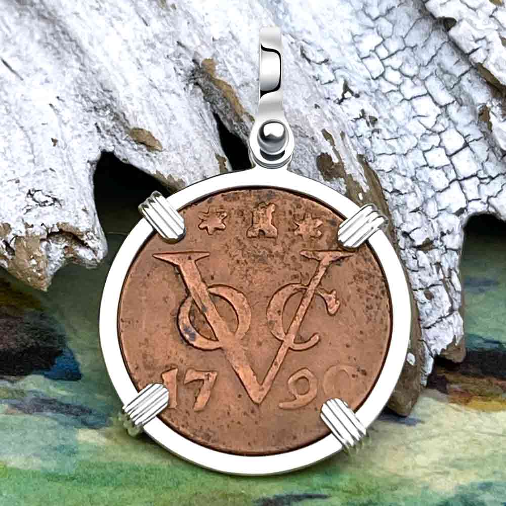 VOC - 1790 Dutch East India Company Shipwreck &quot;I Struggle and Survive&quot; 1 Duit Sterling Silver Pendant