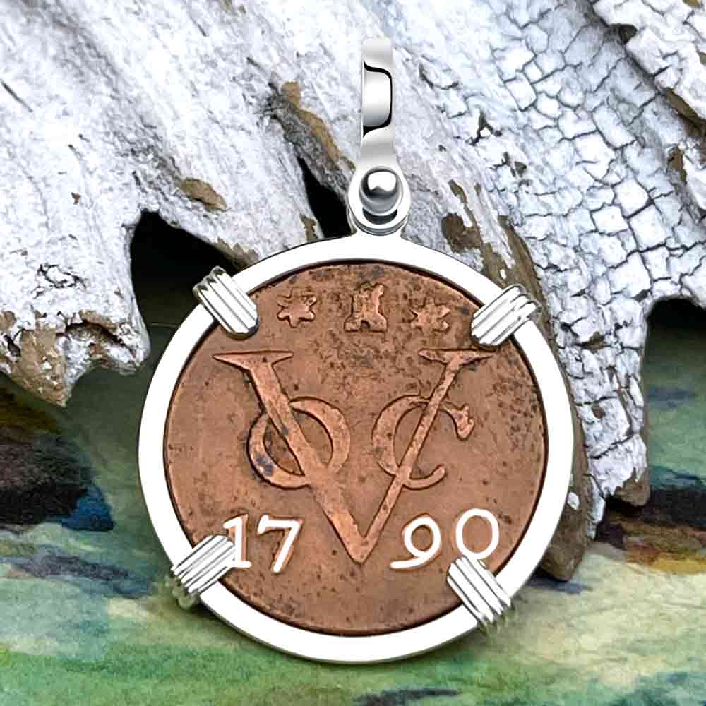 VOC - 1790 Dutch East India Company Shipwreck &quot;I Struggle and Survive&quot; 1 Duit Sterling Silver Pendant