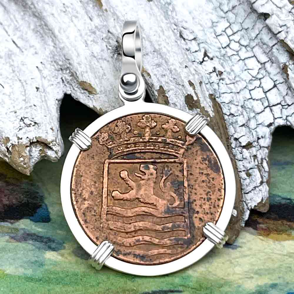 VOC - 1790 Dutch East India Company Shipwreck &quot;I Struggle and Survive&quot; 1 Duit Sterling Silver Pendant