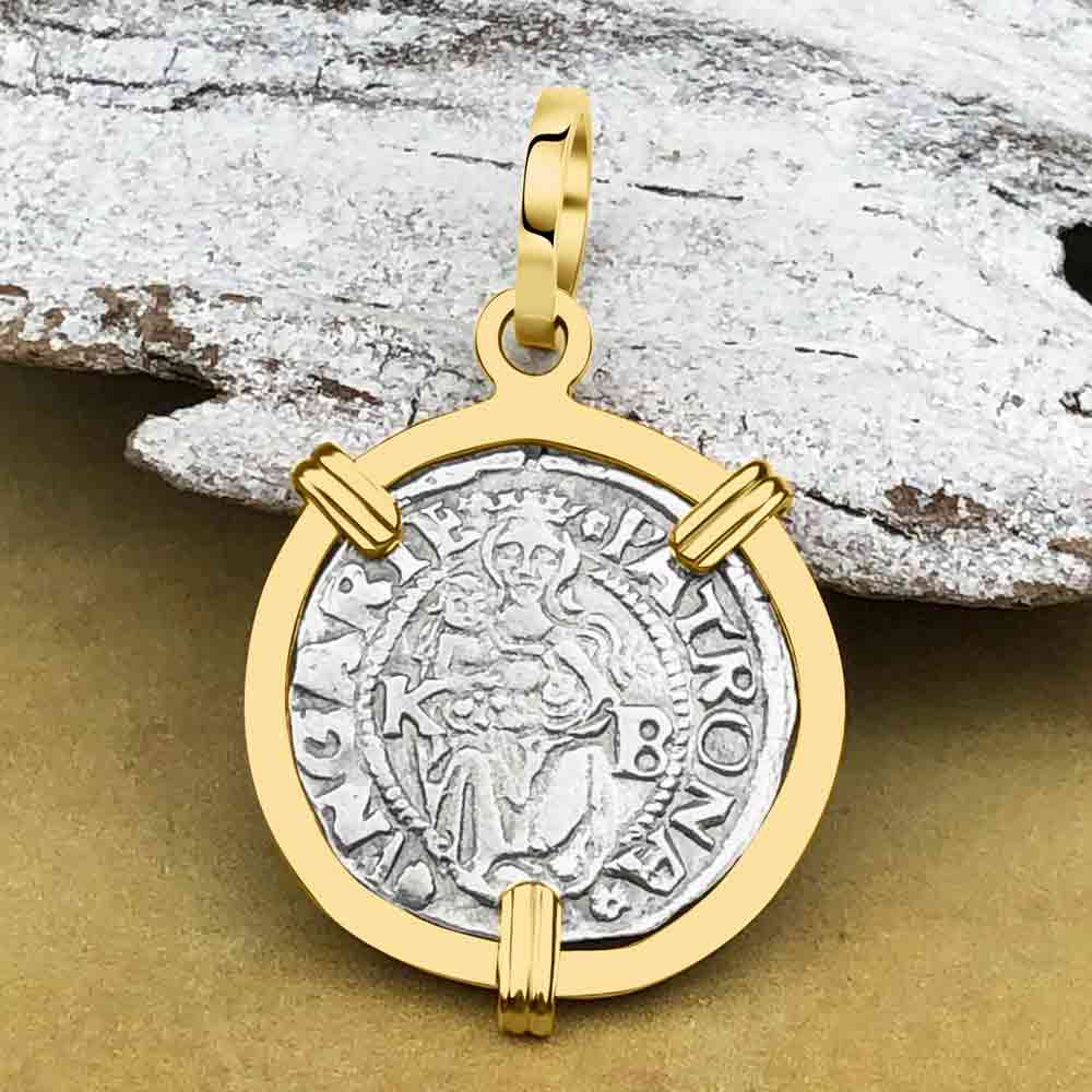 Hungarian Silver Denar Dated 1546 with Mary &amp; Baby Jesus 14K Gold Pendant