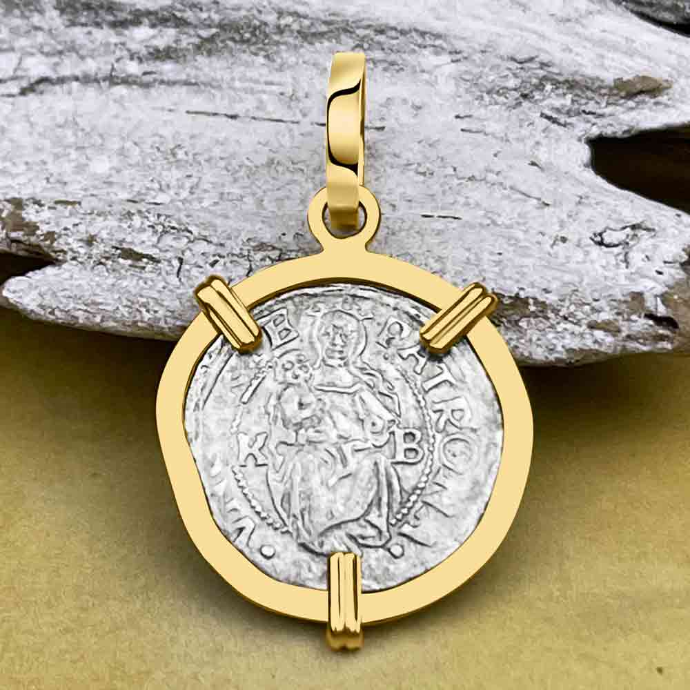 Hungarian Silver Denar Dated 1529 with Mary &amp; Baby Jesus 14K Gold Pendant