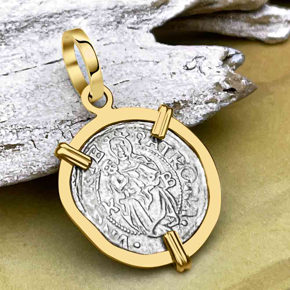 Hungarian Silver Denar Dated 1529 with Mary &amp; Baby Jesus 14K Gold Pendant