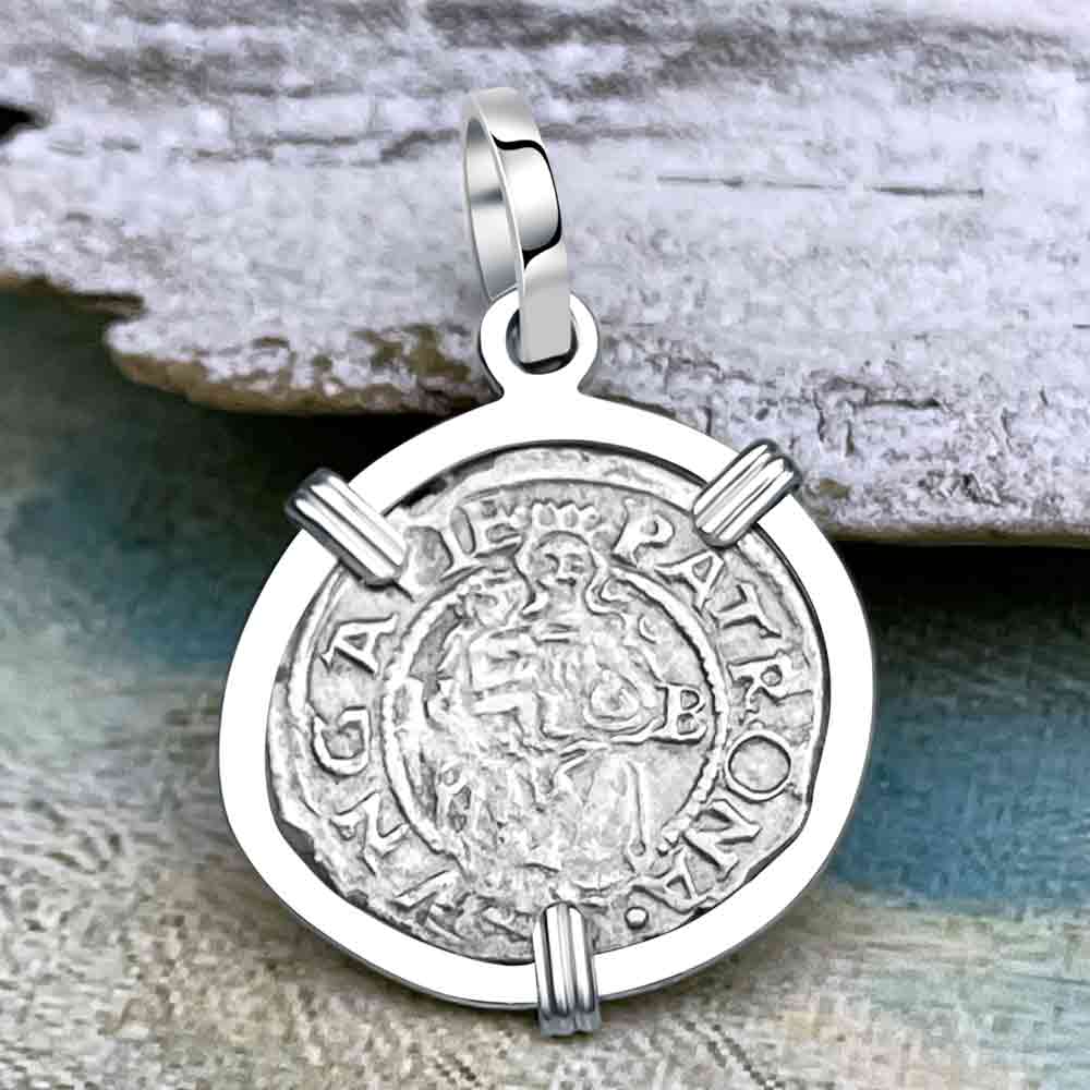 Hungarian Silver Denar Dated 1558 with Mary &amp; Baby Jesus 14K White Gold Pendant