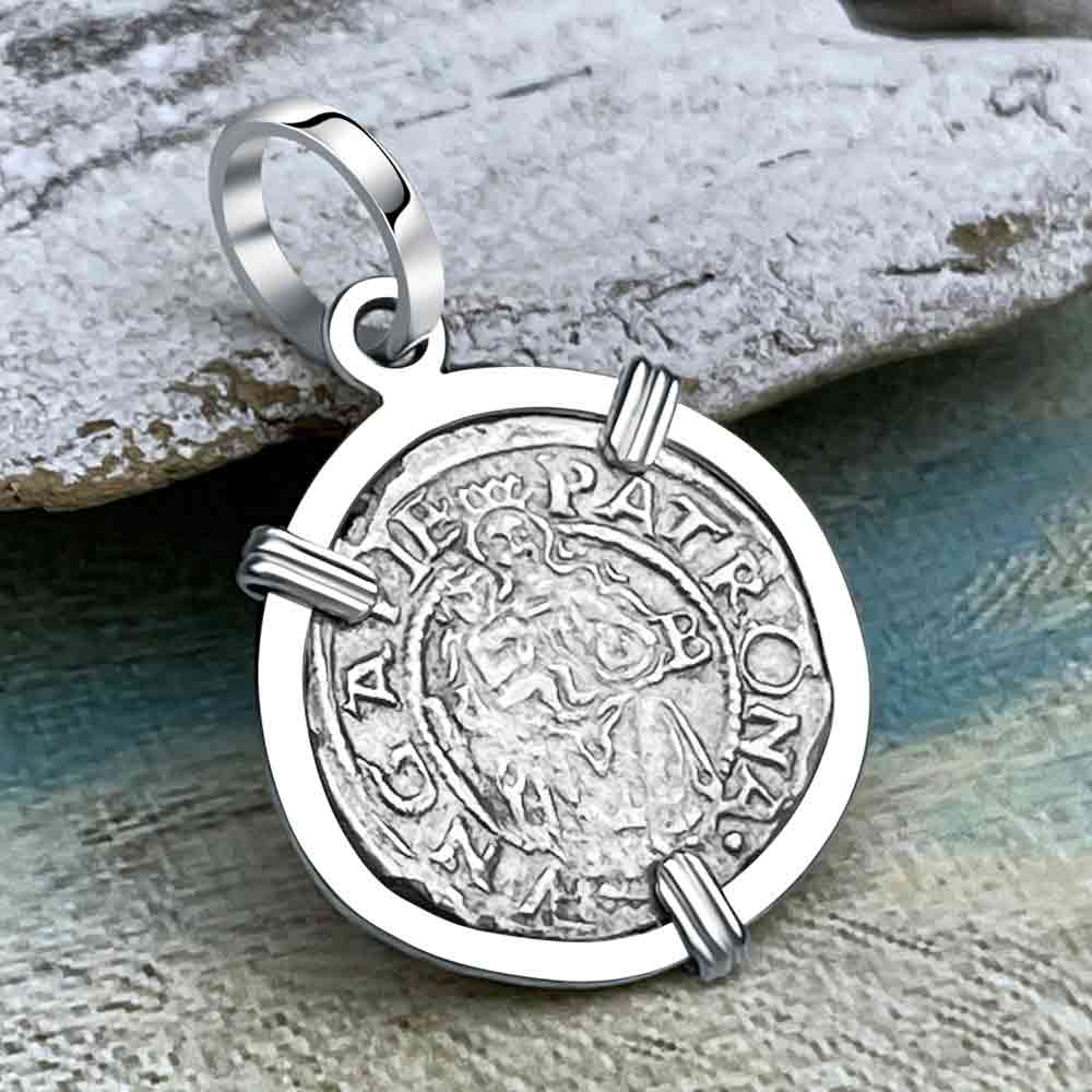 Hungarian Silver Denar Dated 1558 with Mary &amp; Baby Jesus 14K White Gold Pendant