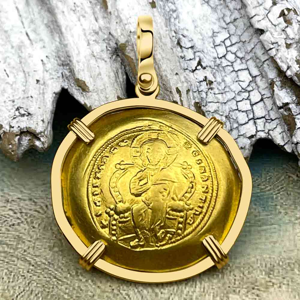 Byzantine &quot;Jesus Christ King of Kings&quot; Gold Histamenon Nomisma Coin Circa 1059 AD 18K Gold Pendant