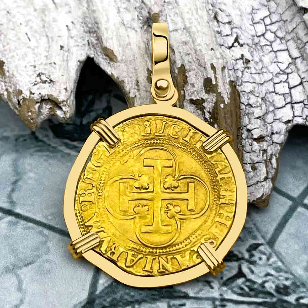 Rare Circa 1535 Unknown Shipwreck 22K Gold 1 Escudo - the Legendary Pirate Era Doubloon 18K Gold Pendant