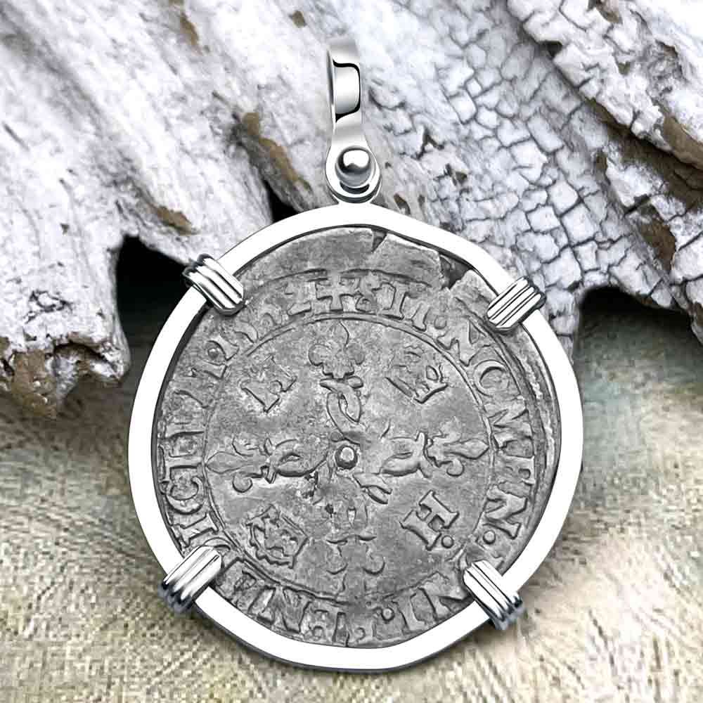 Medieval France 1552 Douzain aux Croissants Silver Cross Coin Pendant in 14K White Gold