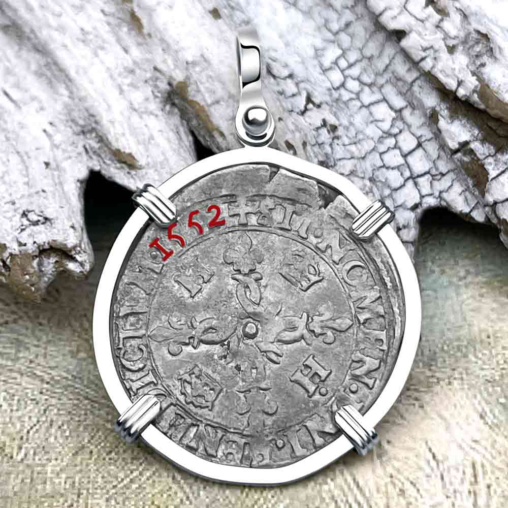 Medieval France 1552 Douzain aux Croissants Silver Cross Coin Pendant in 14K White Gold