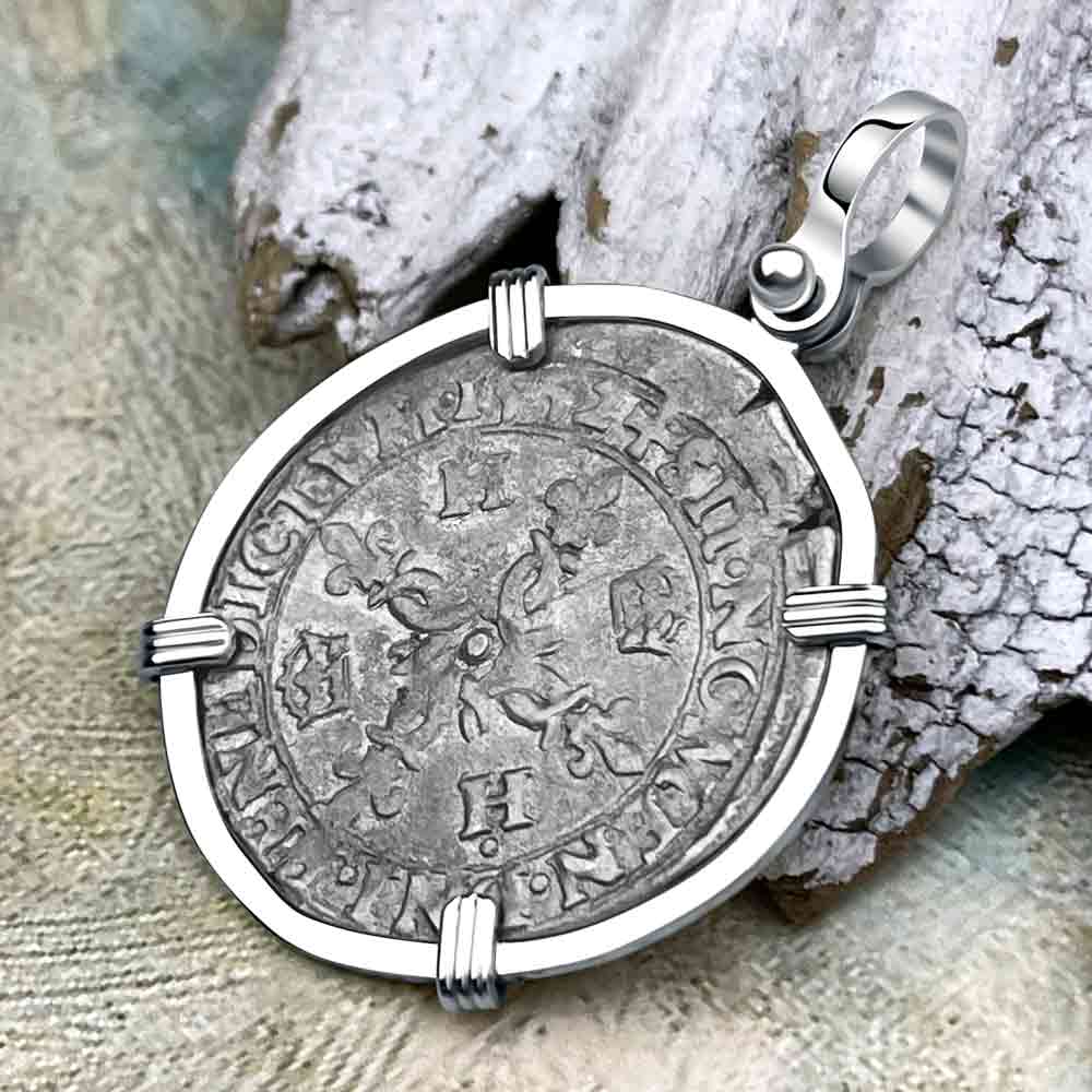 Medieval France 1552 Douzain aux Croissants Silver Cross Coin Pendant in 14K White Gold