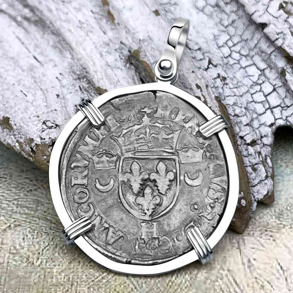 Medieval France 1552 Douzain aux Croissants Silver Cross Coin Pendant in 14K White Gold