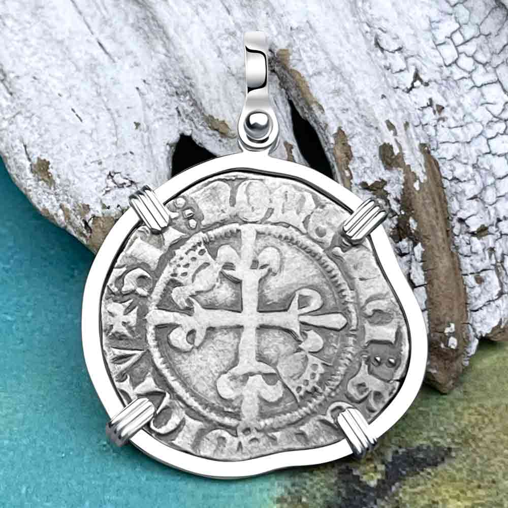 Medieval France circa 1417 Gros Florette Silver Cross Coin Pendant in 14K White Gold