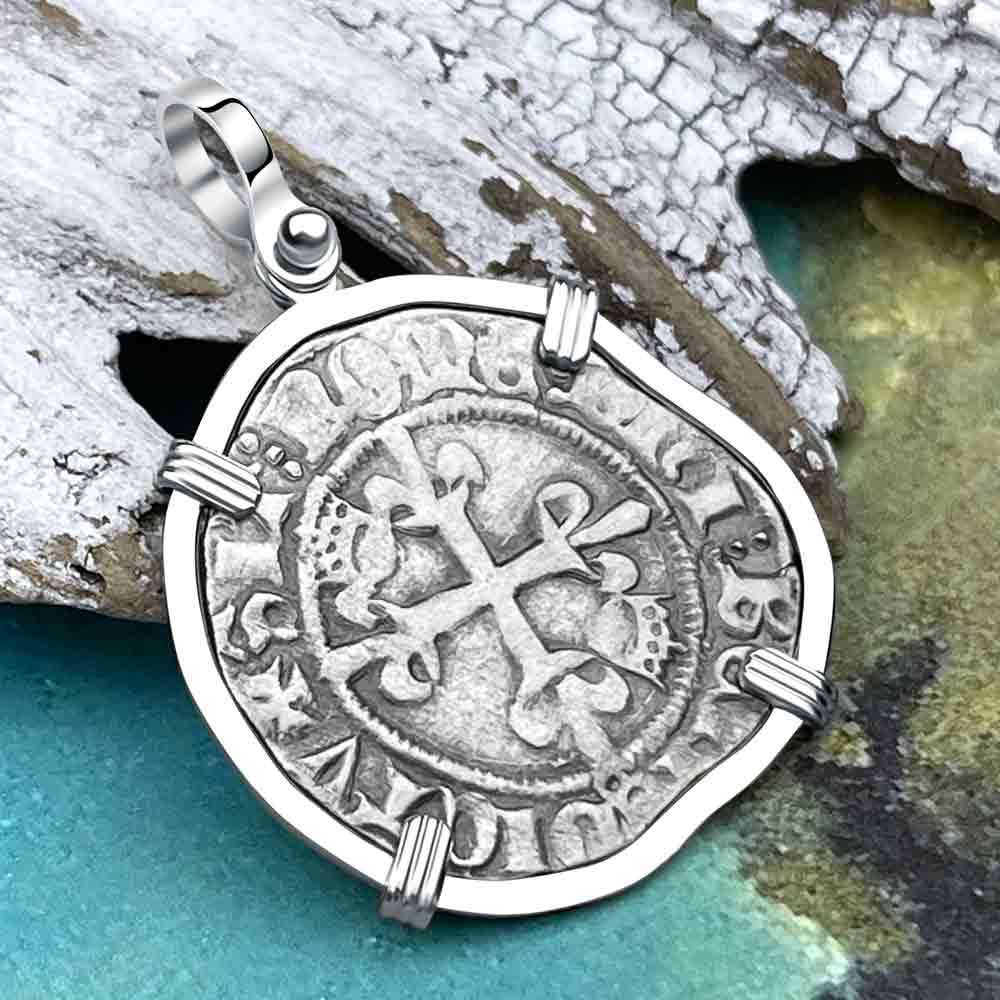 Medieval France circa 1417 Gros Florette Silver Cross Coin Pendant in 14K White Gold