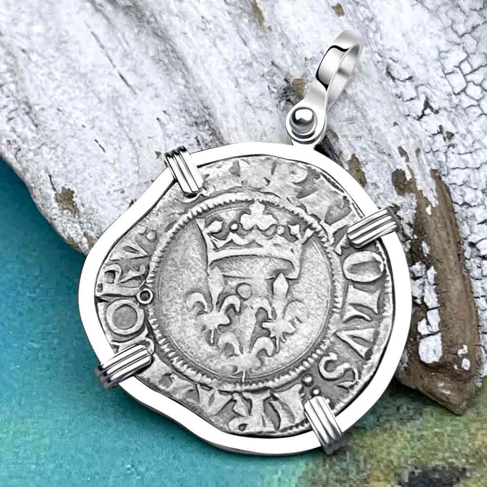 Medieval France circa 1417 Gros Florette Silver Cross Coin Pendant in 14K White Gold