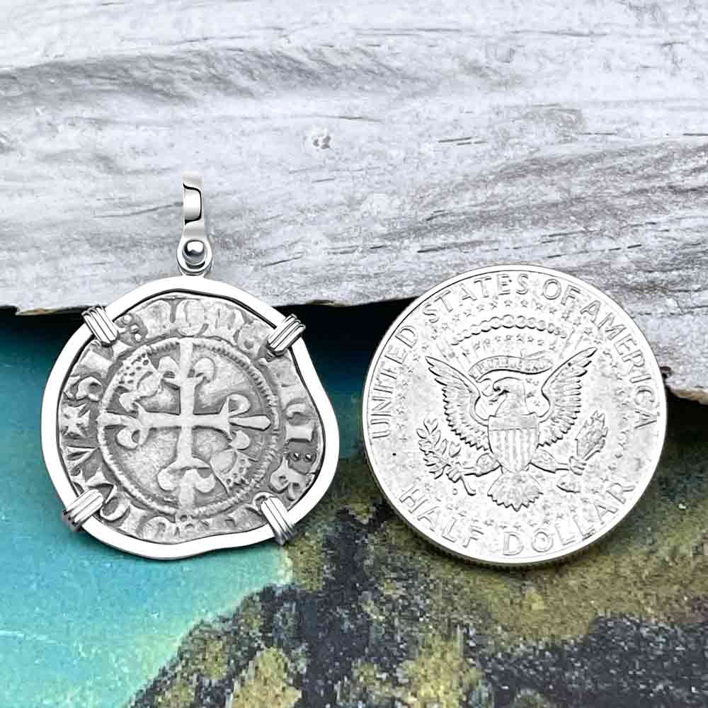 Medieval France circa 1417 Gros Florette Silver Cross Coin Pendant in 14K White Gold