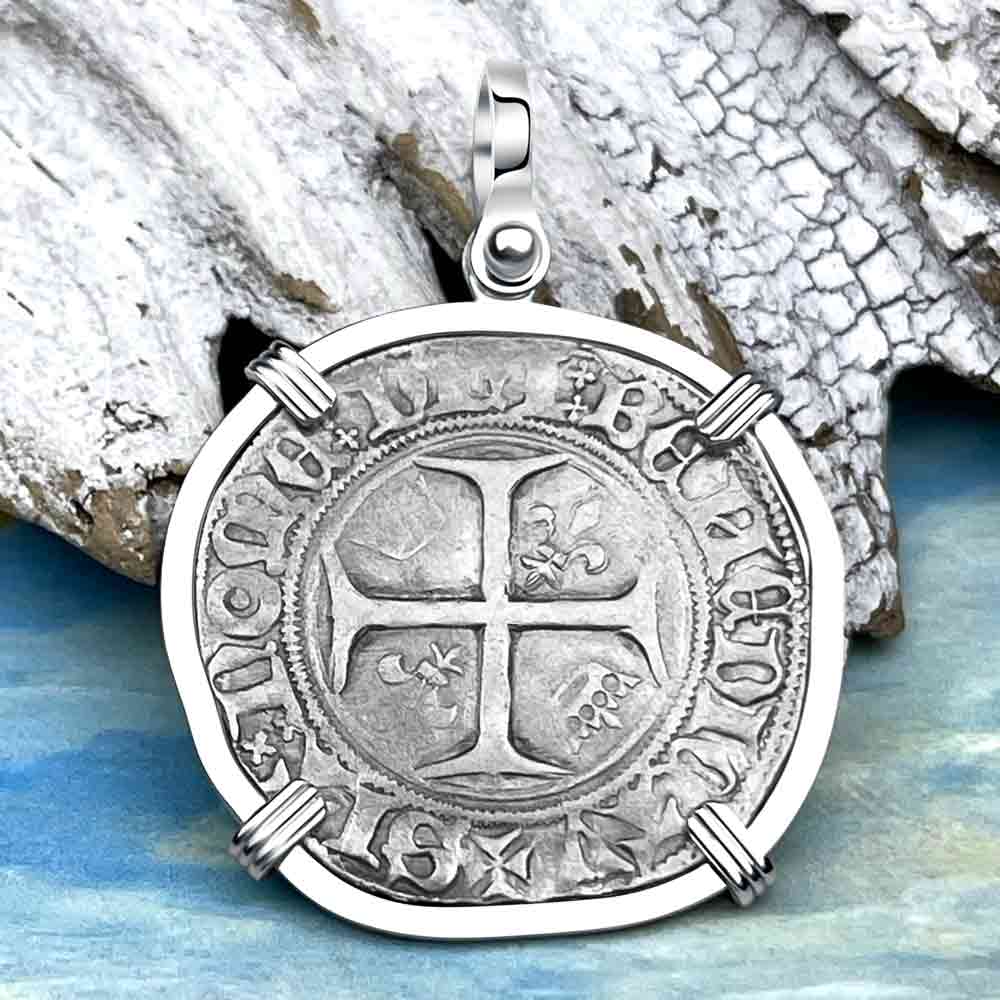 Medieval France Silver Guenar circa 1390 Crusader Cross Coin 14K White Gold Pendant