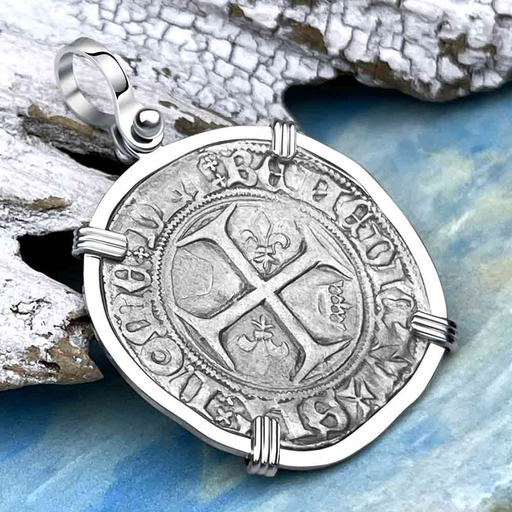 Medieval France Silver Guenar circa 1390 Crusader Cross Coin 14K White Gold Pendant