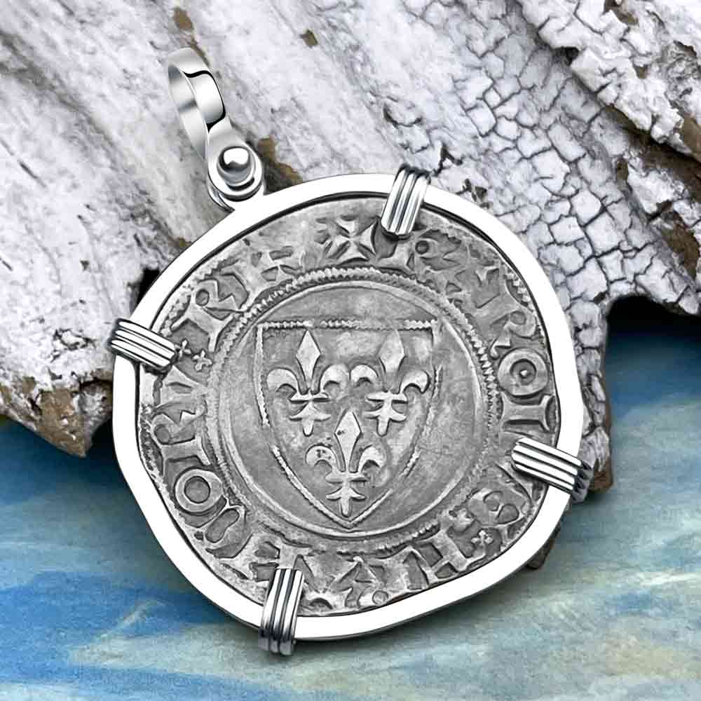 Medieval France Silver Guenar circa 1390 Crusader Cross Coin 14K White Gold Pendant