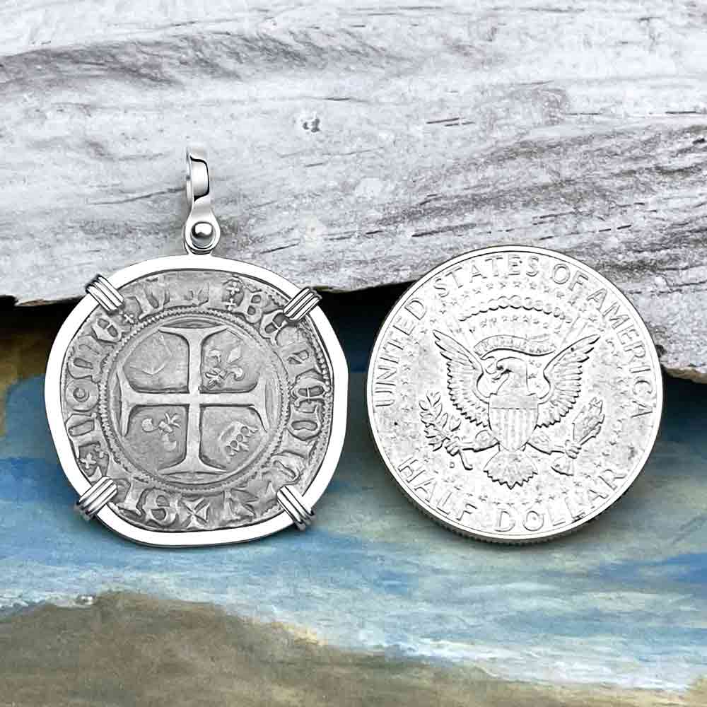 Medieval France Silver Guenar circa 1390 Crusader Cross Coin 14K White Gold Pendant