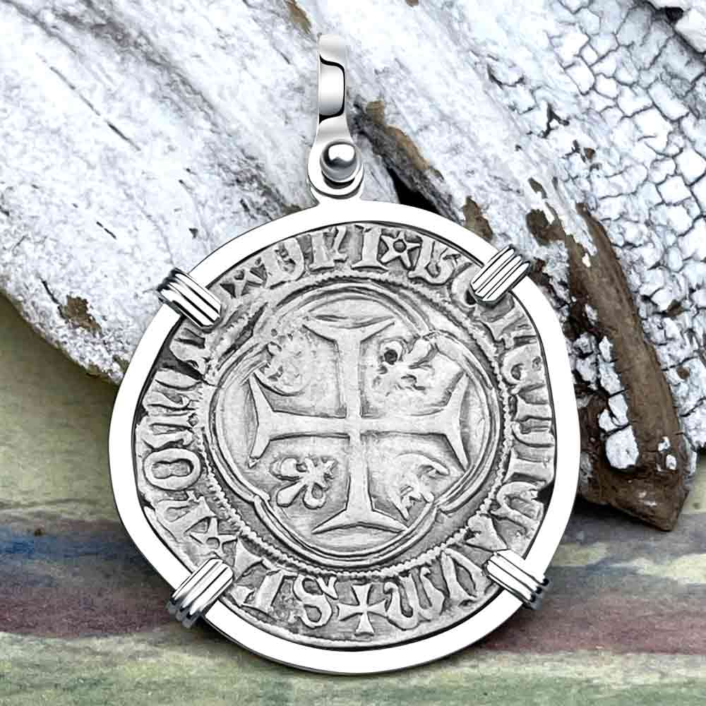 Medieval France 1456 Grand Blanc a la Couronne Silver Cross Coin 14K White Gold Pendant