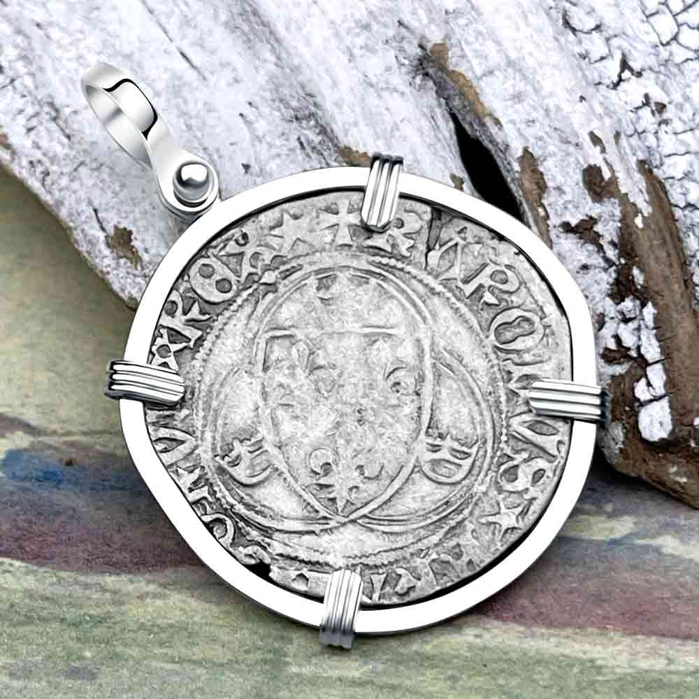 Medieval France 1456 Grand Blanc a la Couronne Silver Cross Coin 14K White Gold Pendant