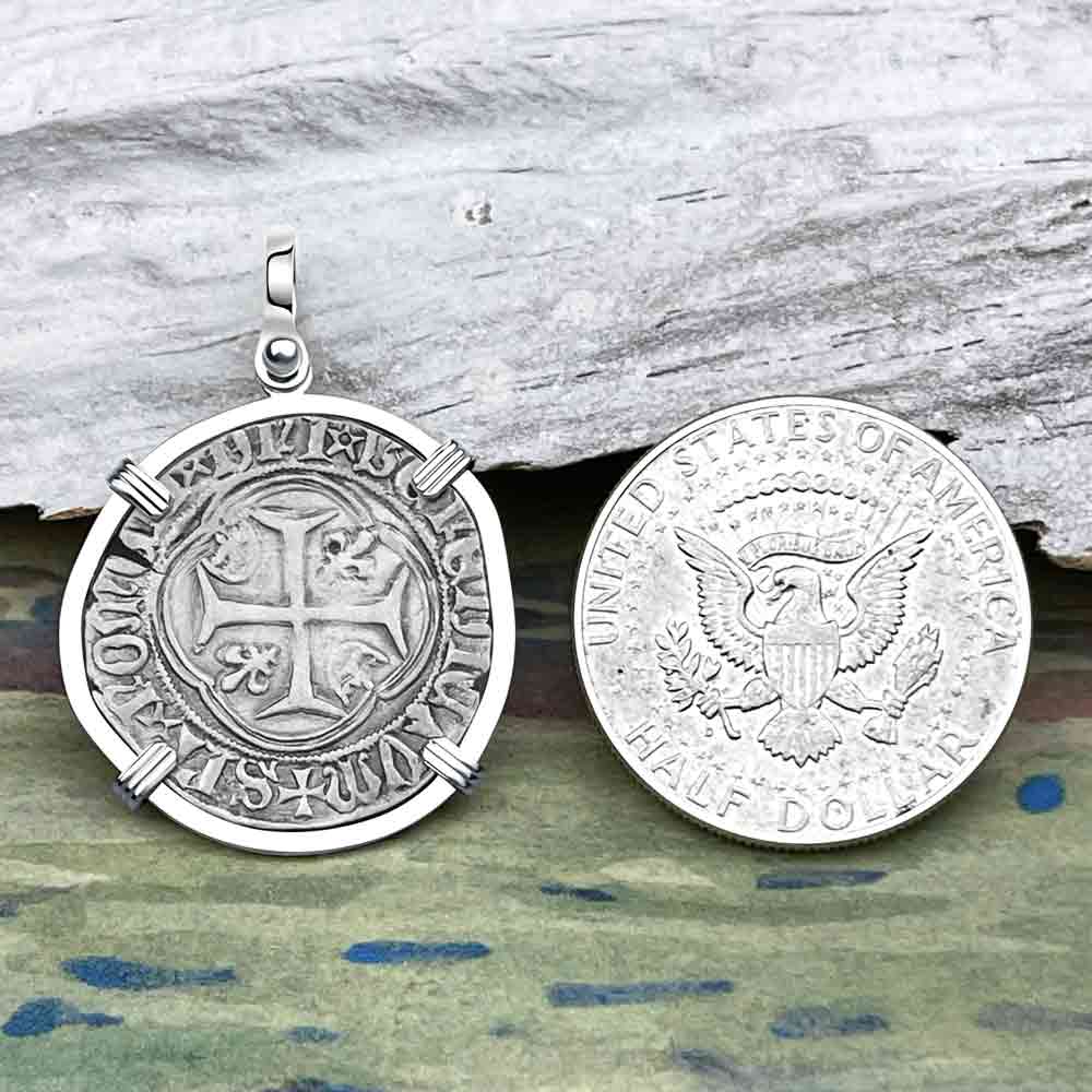 Medieval France 1456 Grand Blanc a la Couronne Silver Cross Coin 14K White Gold Pendant