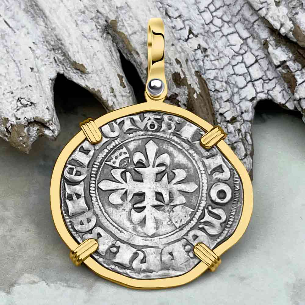 Medieval France circa 1417 Gros Florette Silver Cross Coin 14K Gold Pendant