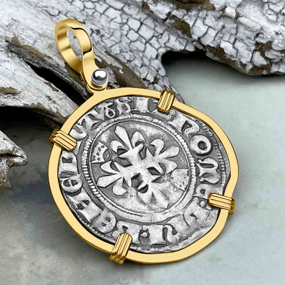 Medieval France circa 1417 Gros Florette Silver Cross Coin 14K Gold Pendant