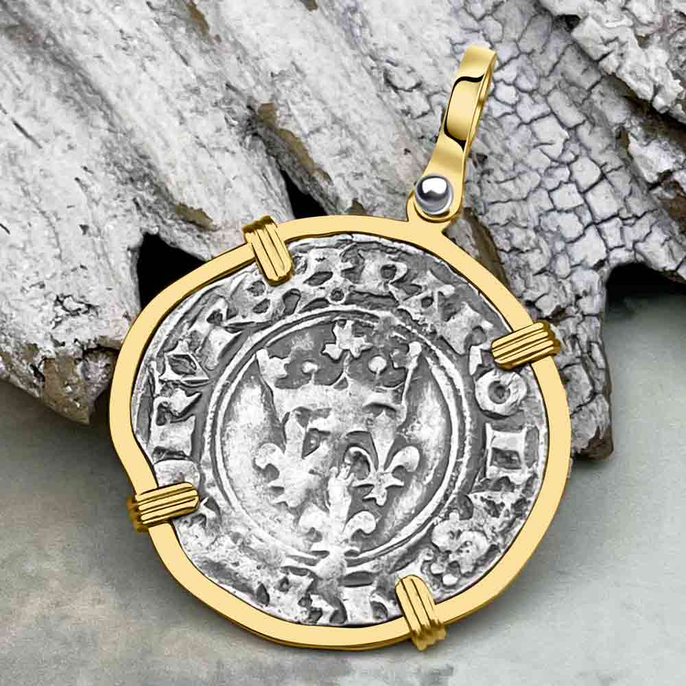 Medieval France circa 1417 Gros Florette Silver Cross Coin 14K Gold Pendant