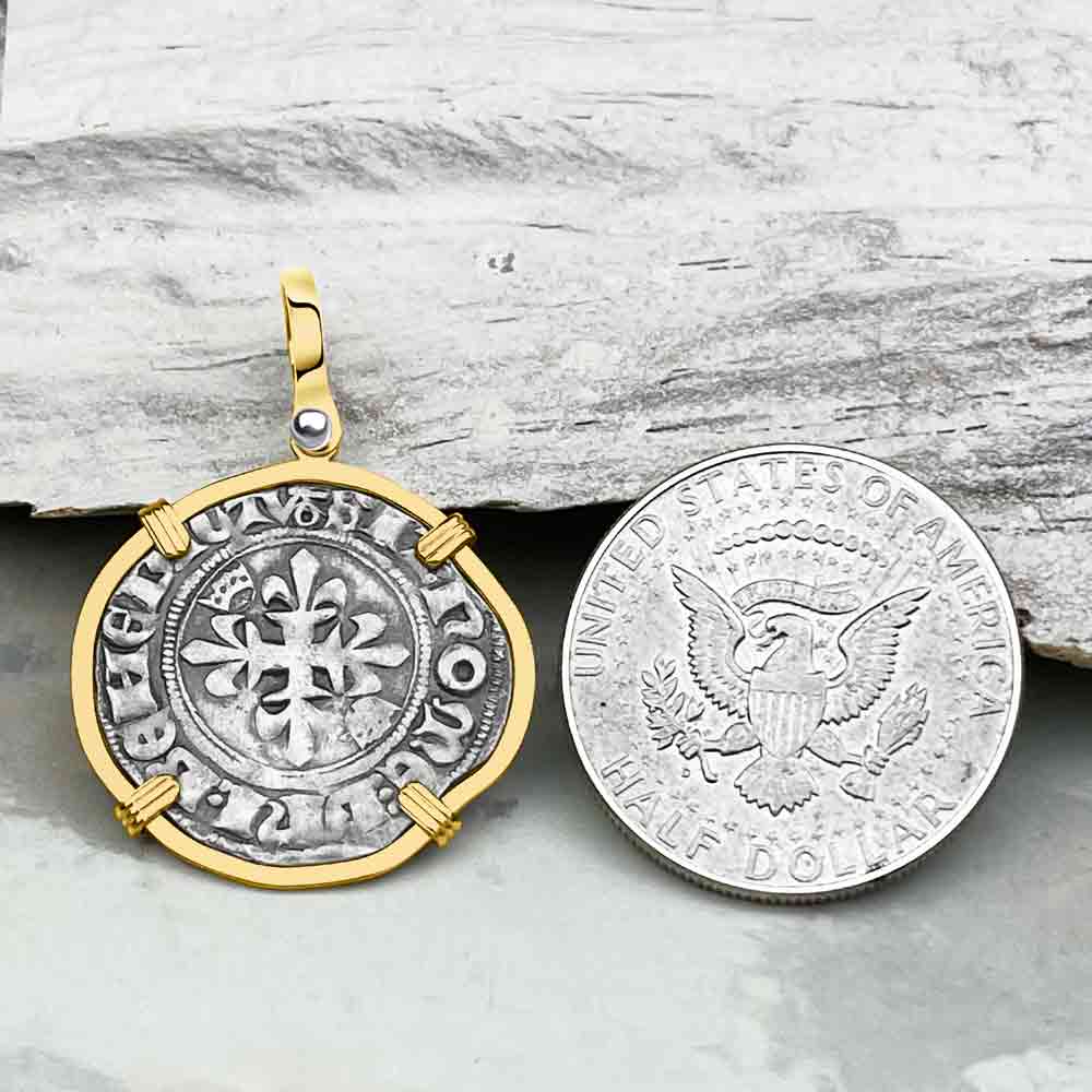 Medieval France circa 1417 Gros Florette Silver Cross Coin 14K Gold Pendant