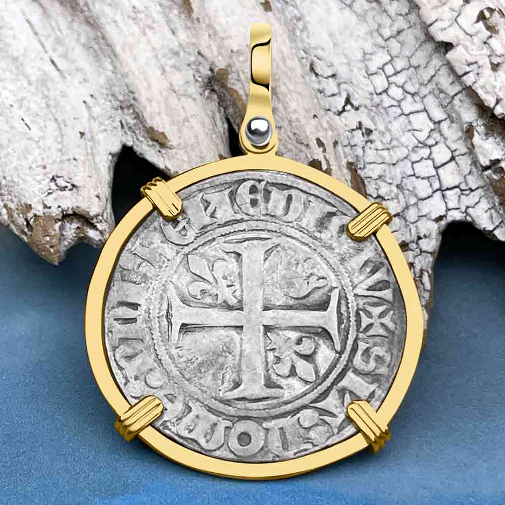 Medieval France circa 1390 Silver Blanc Guenar Crusader Cross Coin 14K Gold Pendant 