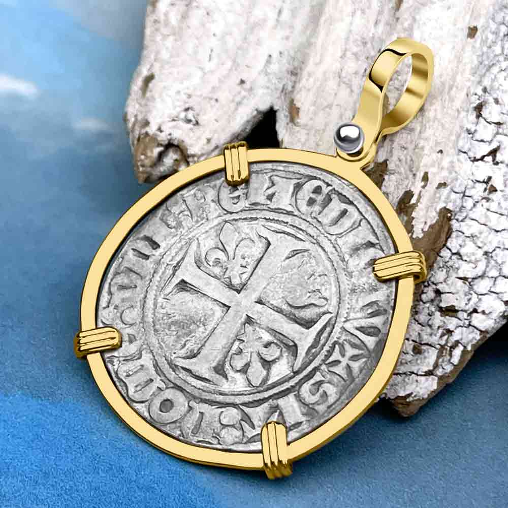 Medieval France circa 1390 Silver Blanc Guenar Crusader Cross Coin 14K Gold Pendant 