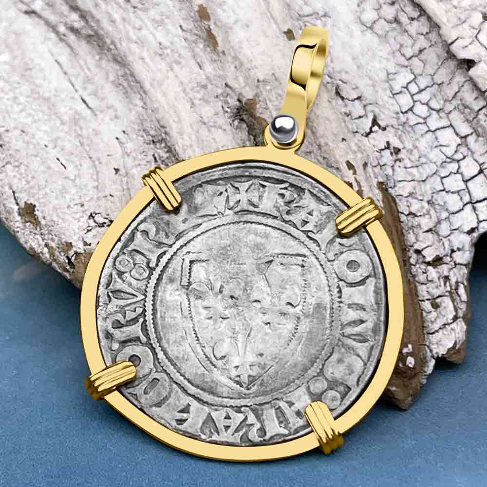 Medieval France circa 1390 Silver Blanc Guenar Crusader Cross Coin 14K Gold Pendant 