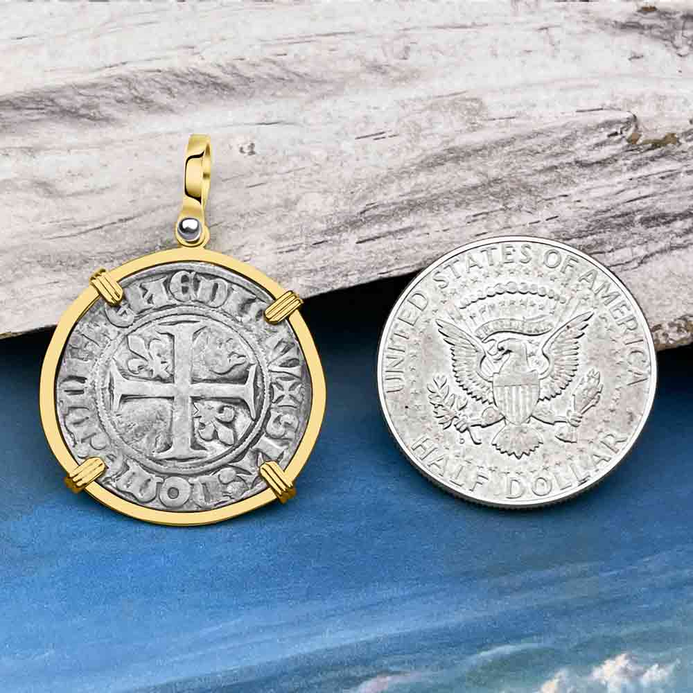 Medieval France circa 1390 Silver Blanc Guenar Crusader Cross Coin 14K Gold Pendant 