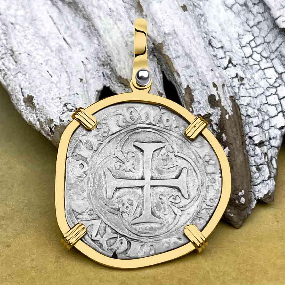 Medieval France circa 1450 Grand Blanc a la Couronne Silver Cross Coin 14K Gold Pendant