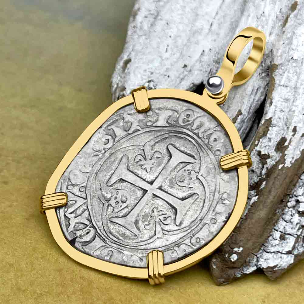 Medieval France circa 1450 Grand Blanc a la Couronne Silver Cross Coin 14K Gold Pendant