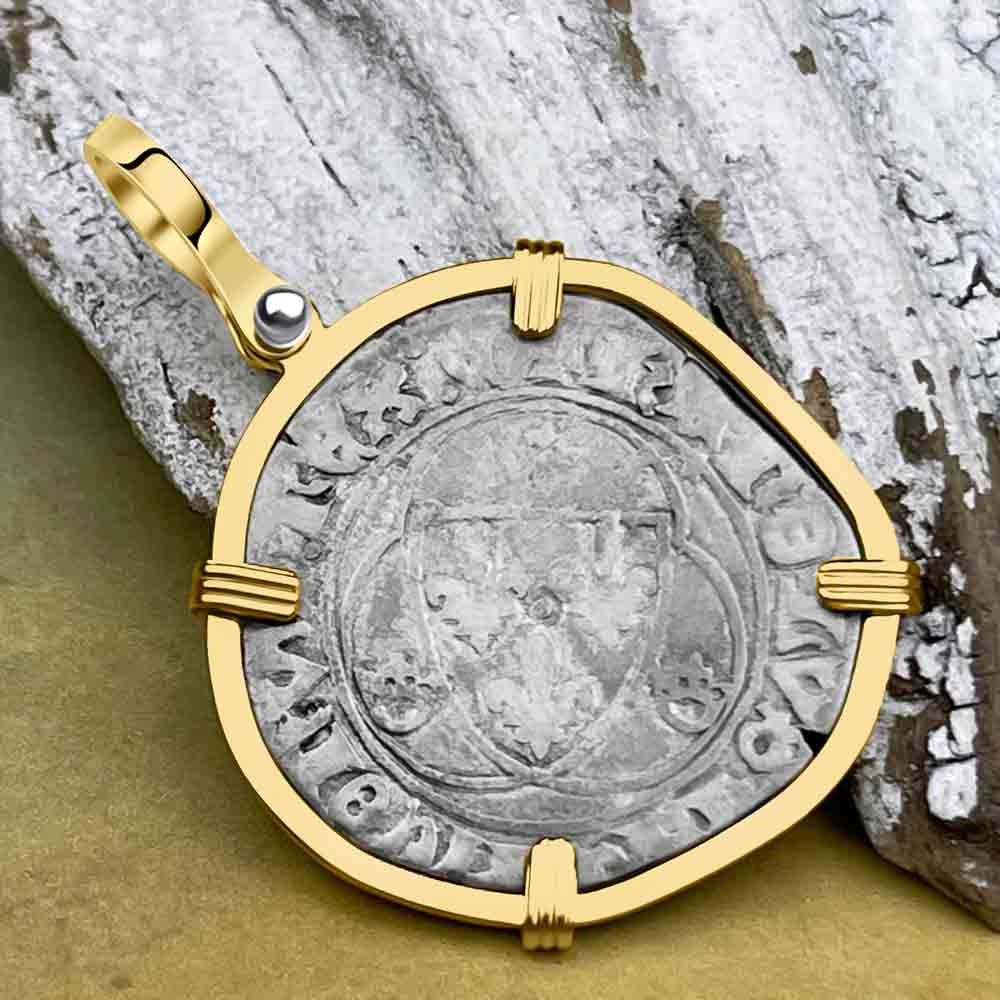 Medieval France circa 1450 Grand Blanc a la Couronne Silver Cross Coin 14K Gold Pendant