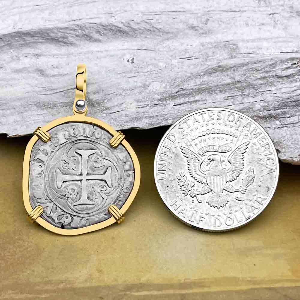 Medieval France circa 1450 Grand Blanc a la Couronne Silver Cross Coin 14K Gold Pendant