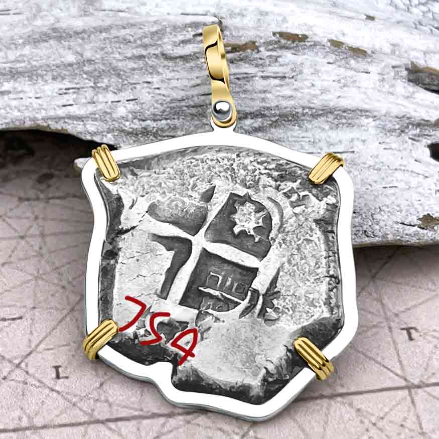 1754 Pirate Era Spanish 8 Reale &quot;Piece of Eight&quot; 14K Gold &amp; Sterling Silver Pendant