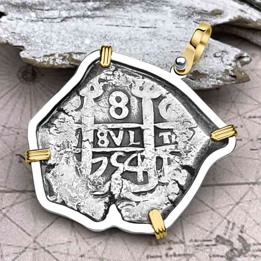 1754 Pirate Era Spanish 8 Reale &quot;Piece of Eight&quot; 14K Gold &amp; Sterling Silver Pendant