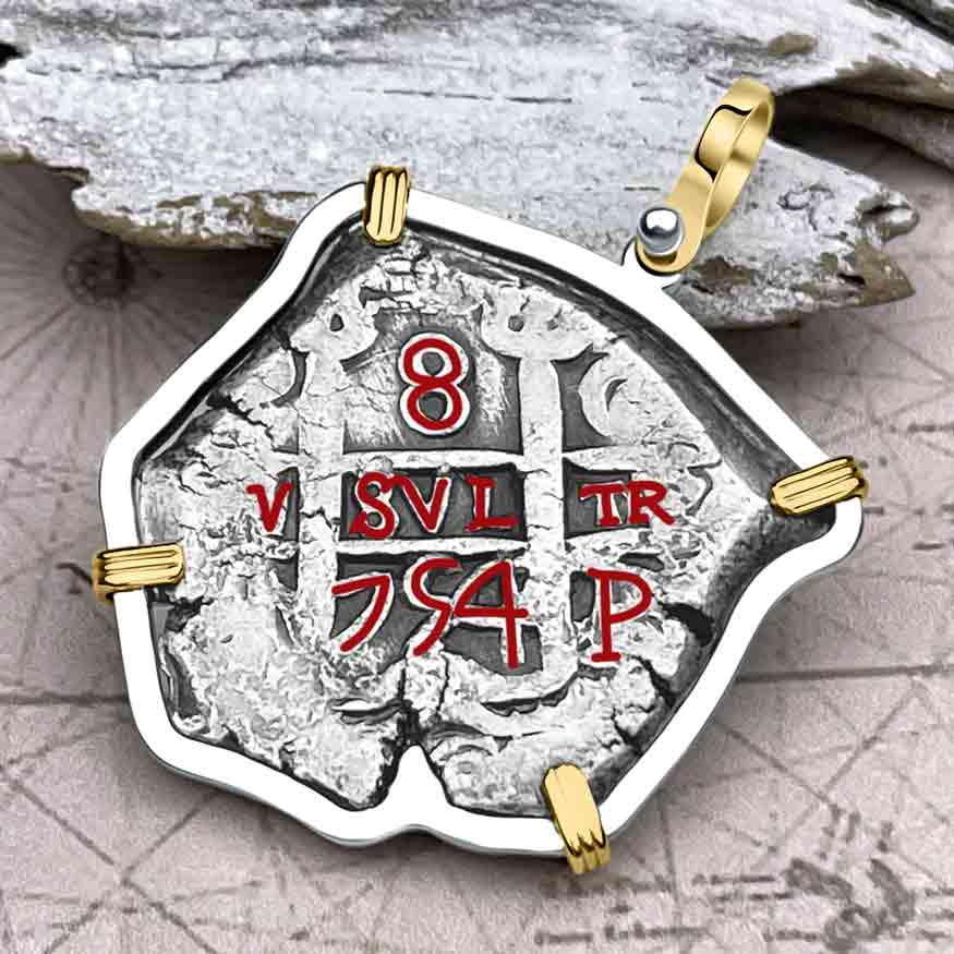 1754 Pirate Era Spanish 8 Reale &quot;Piece of Eight&quot; 14K Gold &amp; Sterling Silver Pendant