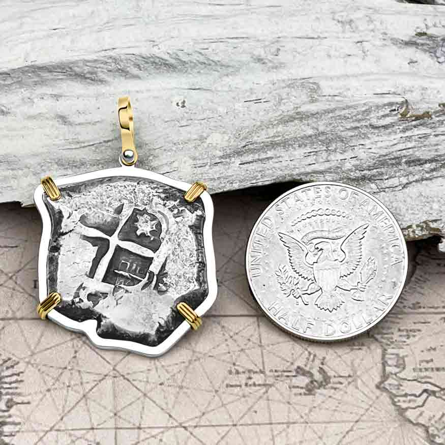 1754 Pirate Era Spanish 8 Reale &quot;Piece of Eight&quot; 14K Gold &amp; Sterling Silver Pendant