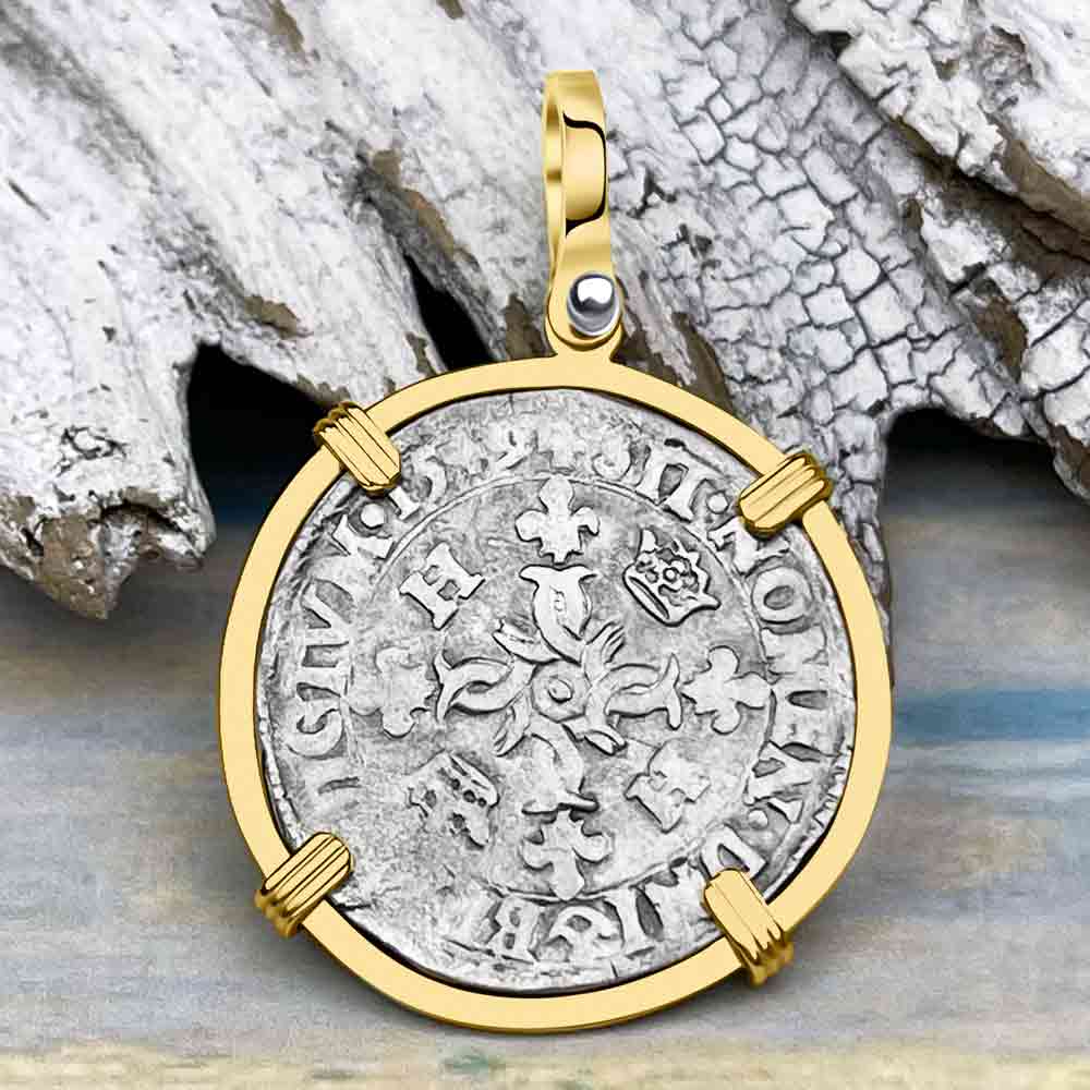 Medieval France 1549 Douzain aux Croissants Silver Cross Coin 14K Gold Pendant