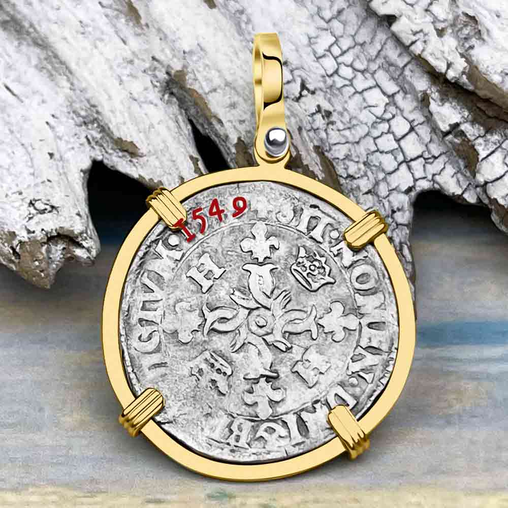 Medieval France 1549 Douzain aux Croissants Silver Cross Coin 14K Gold Pendant