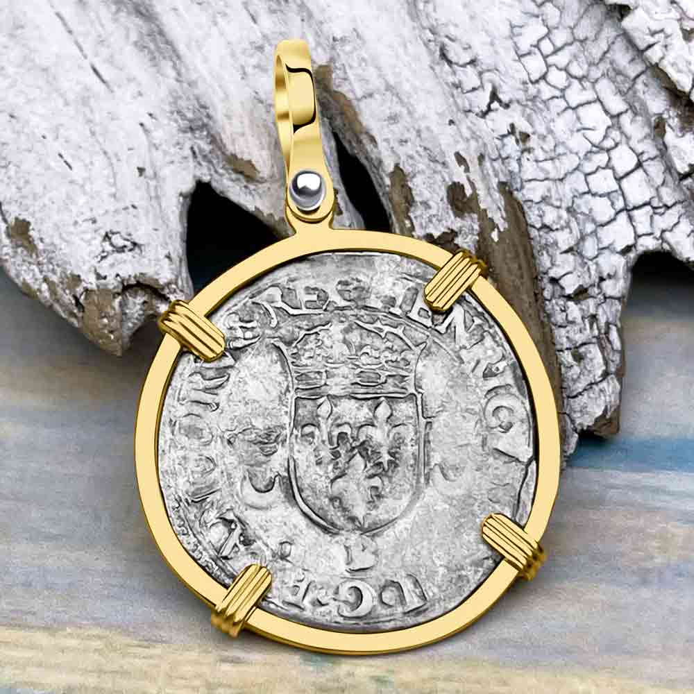 Medieval France 1549 Douzain aux Croissants Silver Cross Coin 14K Gold Pendant