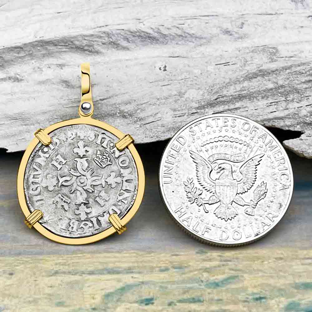 Medieval France 1549 Douzain aux Croissants Silver Cross Coin 14K Gold Pendant