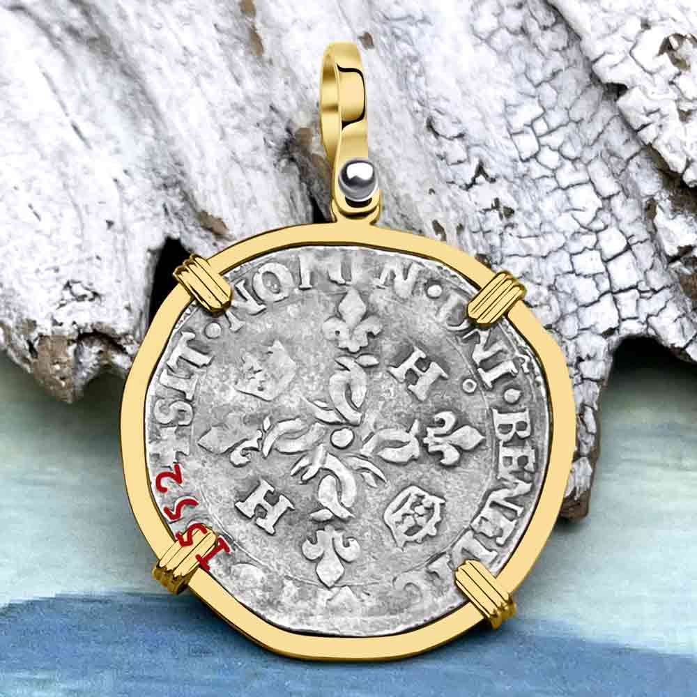 Medieval France 1552 Douzain aux Croissants Silver Cross Coin 14K Gold Pendant 